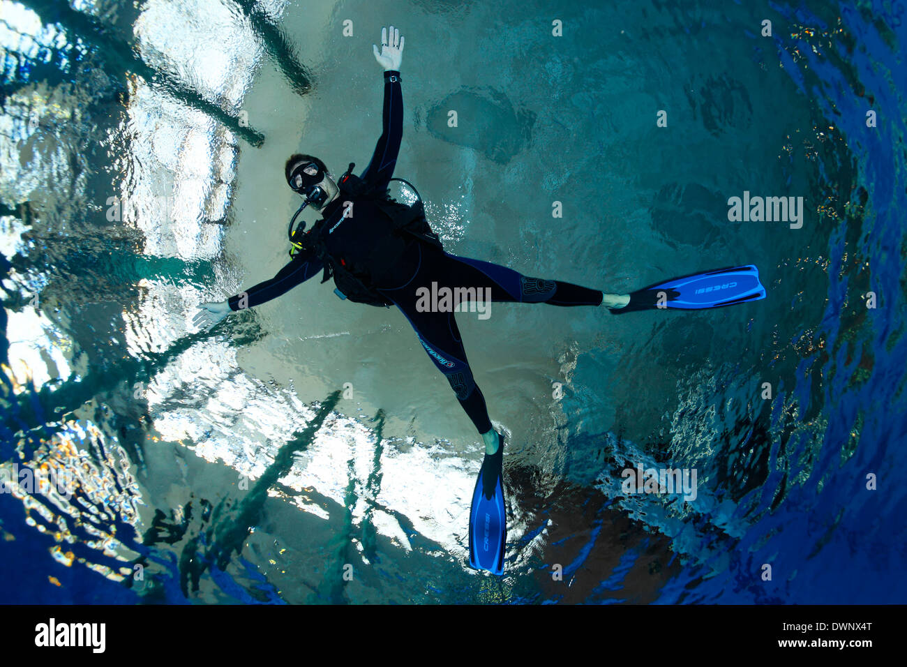 Dive training, scuba diver with outstretched arms and legs, balancing, in a swimming pool, Nuremberg, Bavaria, Germany Stock Photo