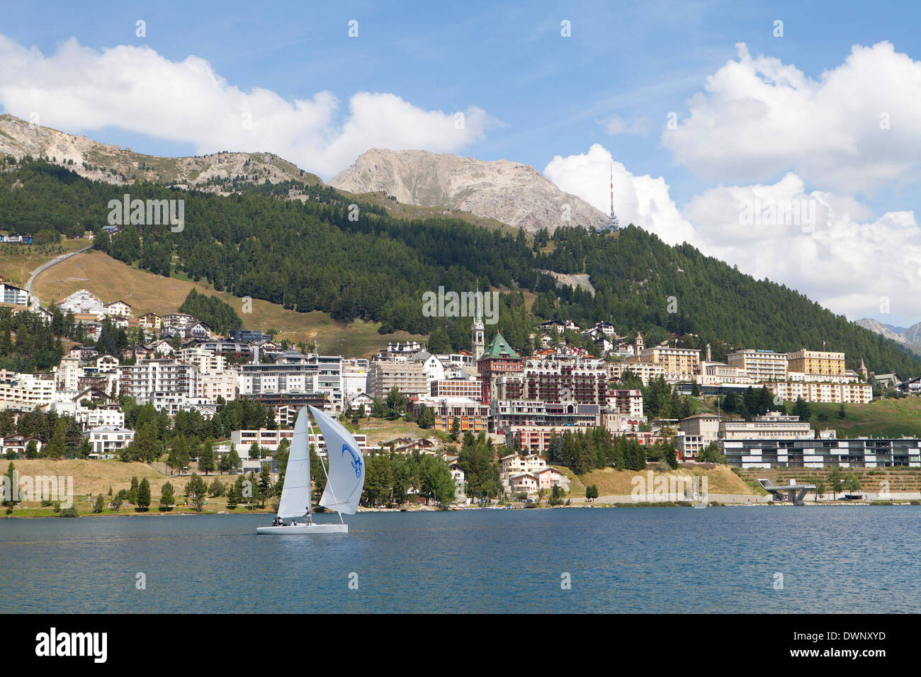 Lake St. Moritz, Engadine Lakes, St. Moritz, Upper Engadin, Canton of Graubünden, Switzerland Stock Photo