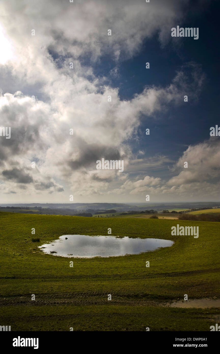 Neolithic dew pond near Chanctonbury Ring on the South Downs, West Sussex, UK Stock Photo