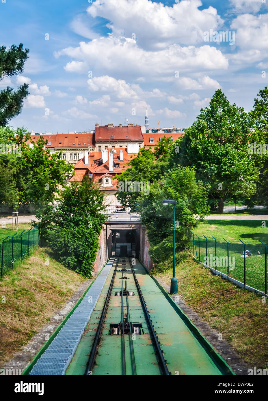 View on cable railroad from cabin of moving funicular Stock Photo