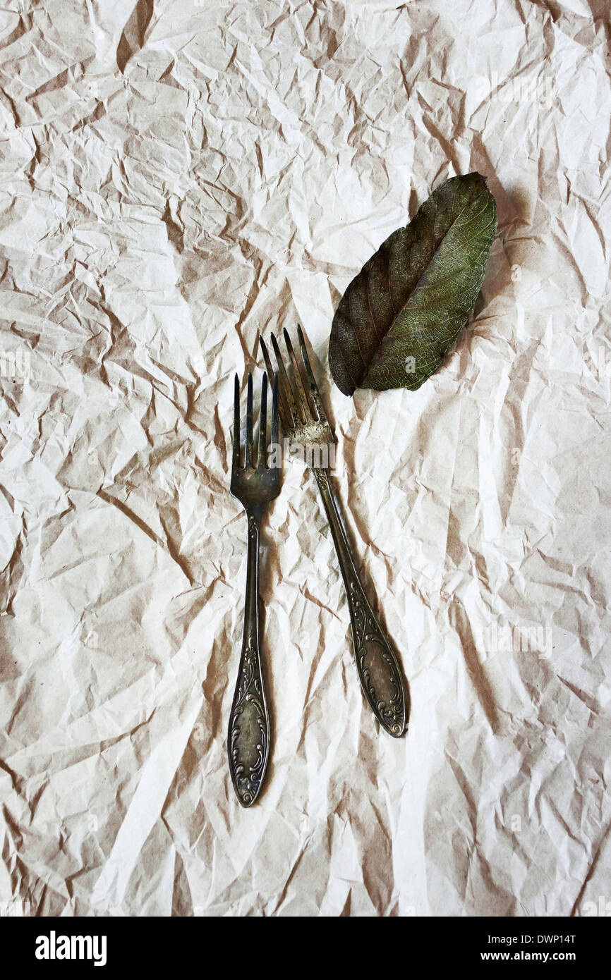 Vintage cutlery on a paper background. Rustic style Stock Photo - Alamy