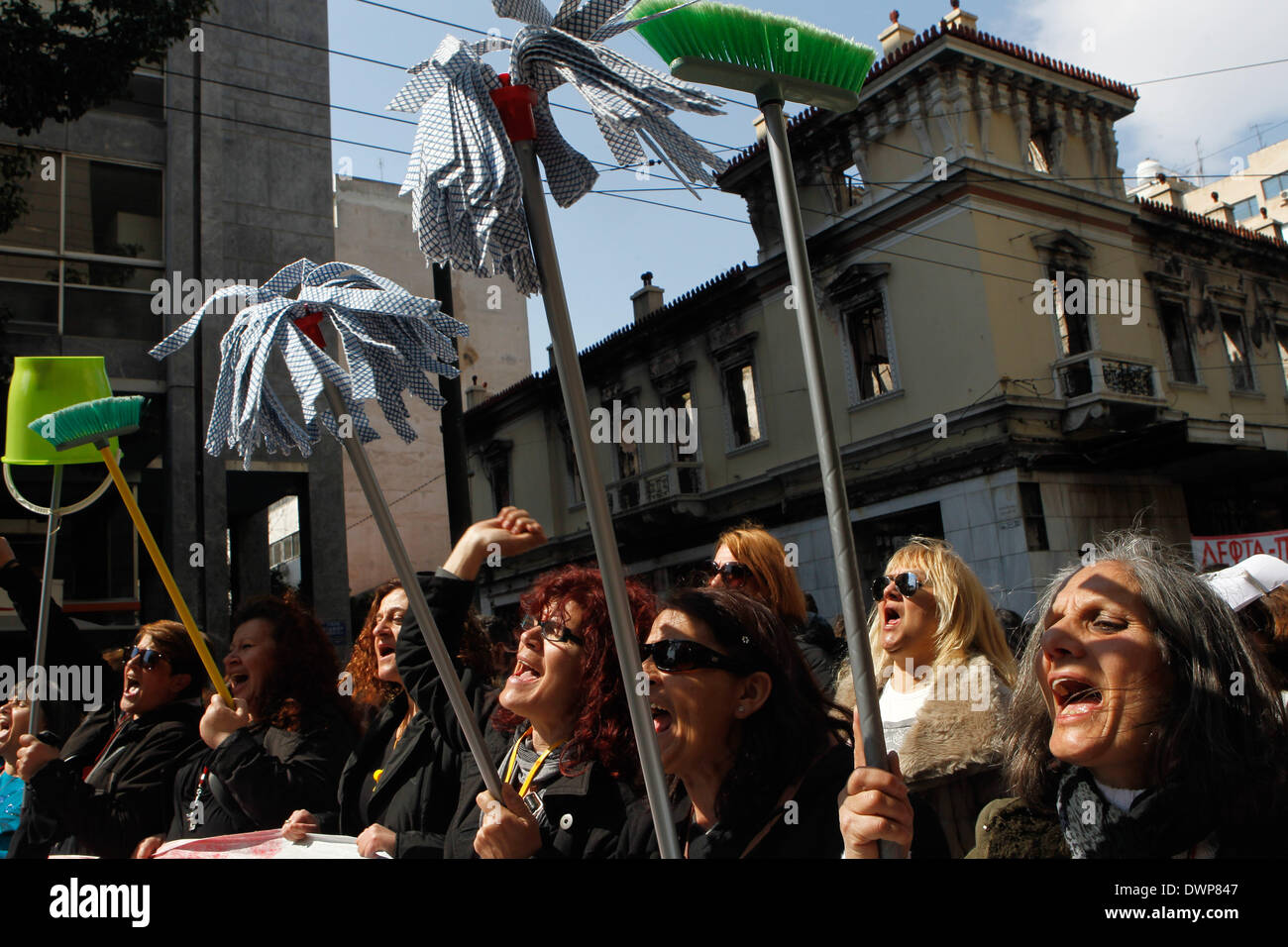 Athens, Greece. 12th Mar, 2014. Fired cleaners of the Finance ministry