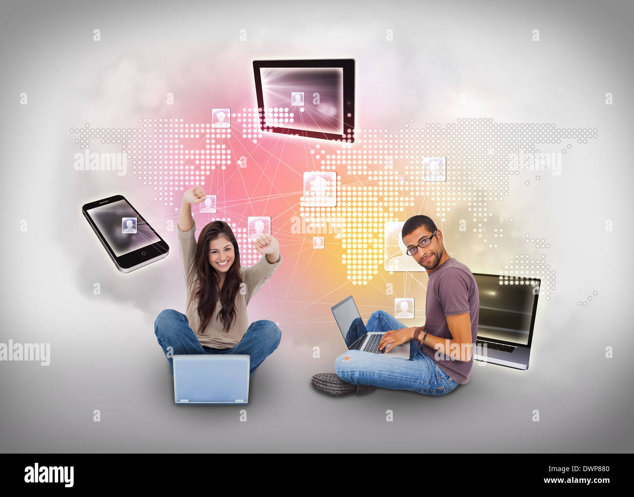 Young people using laptops with profiles and map Stock Photo