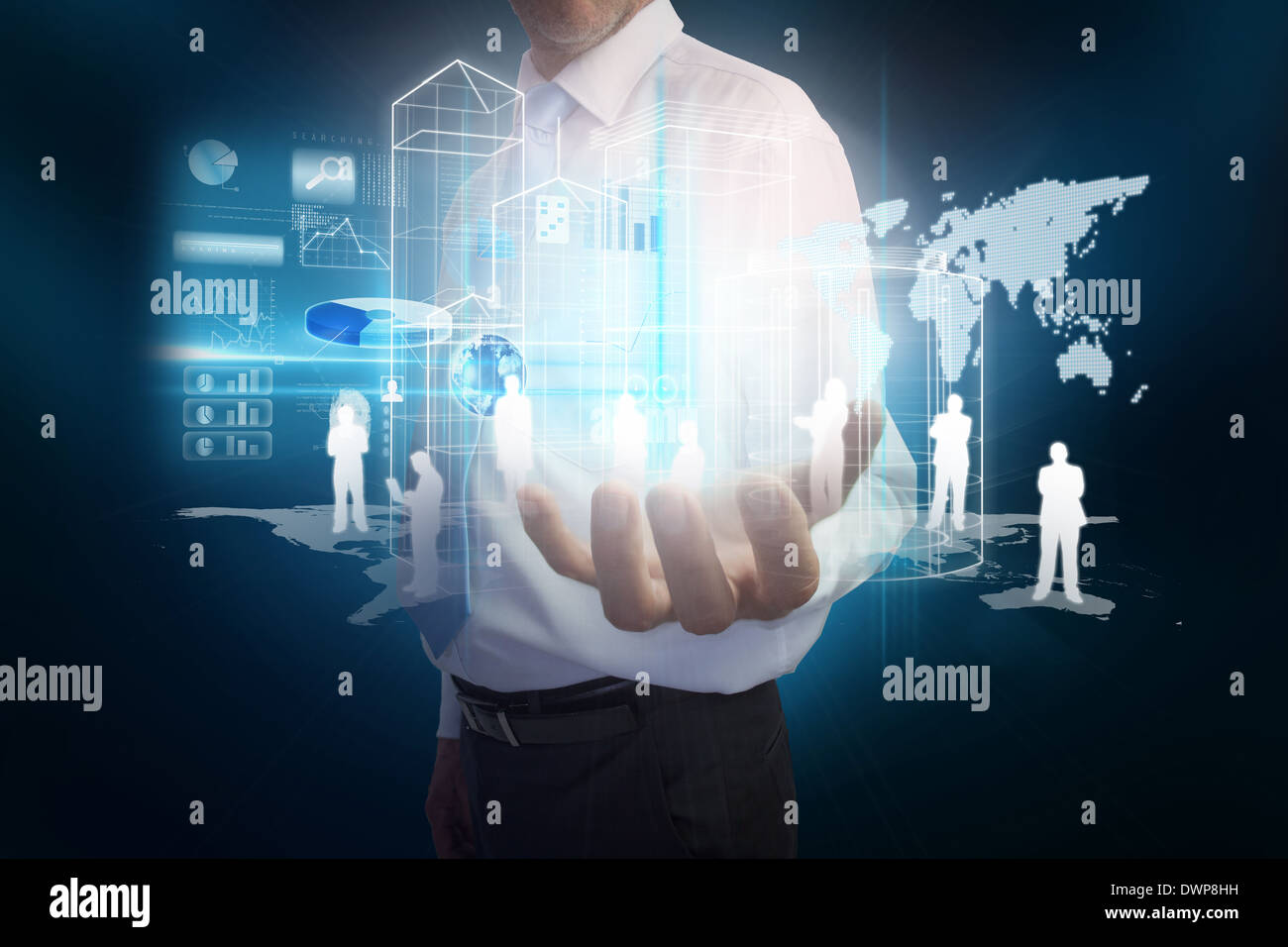 Businessman presenting interface with map Stock Photo