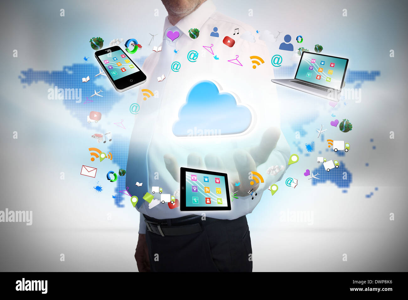Businessman presenting cloud computing graphic Stock Photo