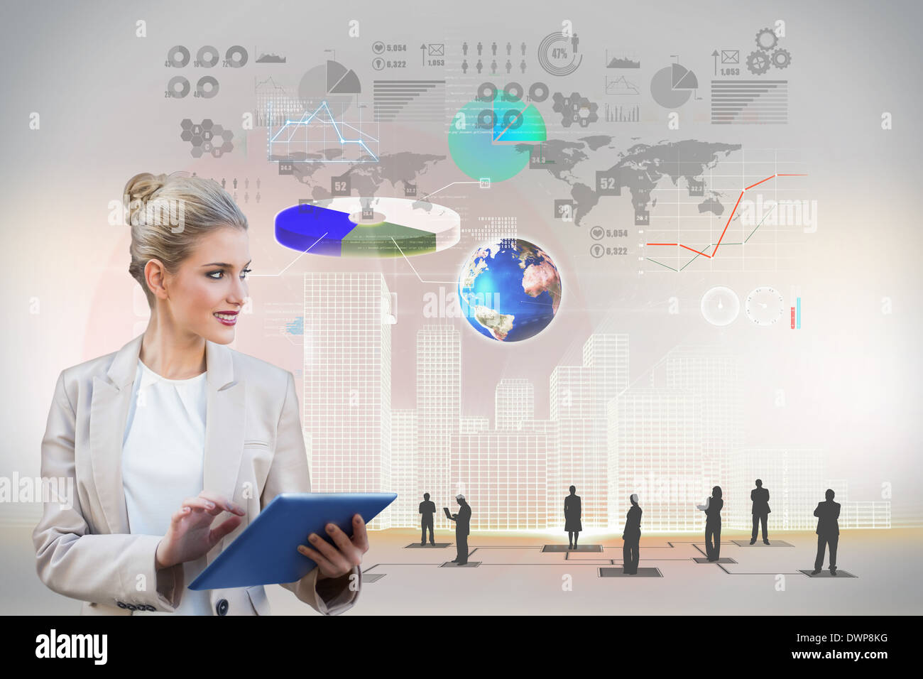 Blonde businesswoman using tablet pc with interface Stock Photo