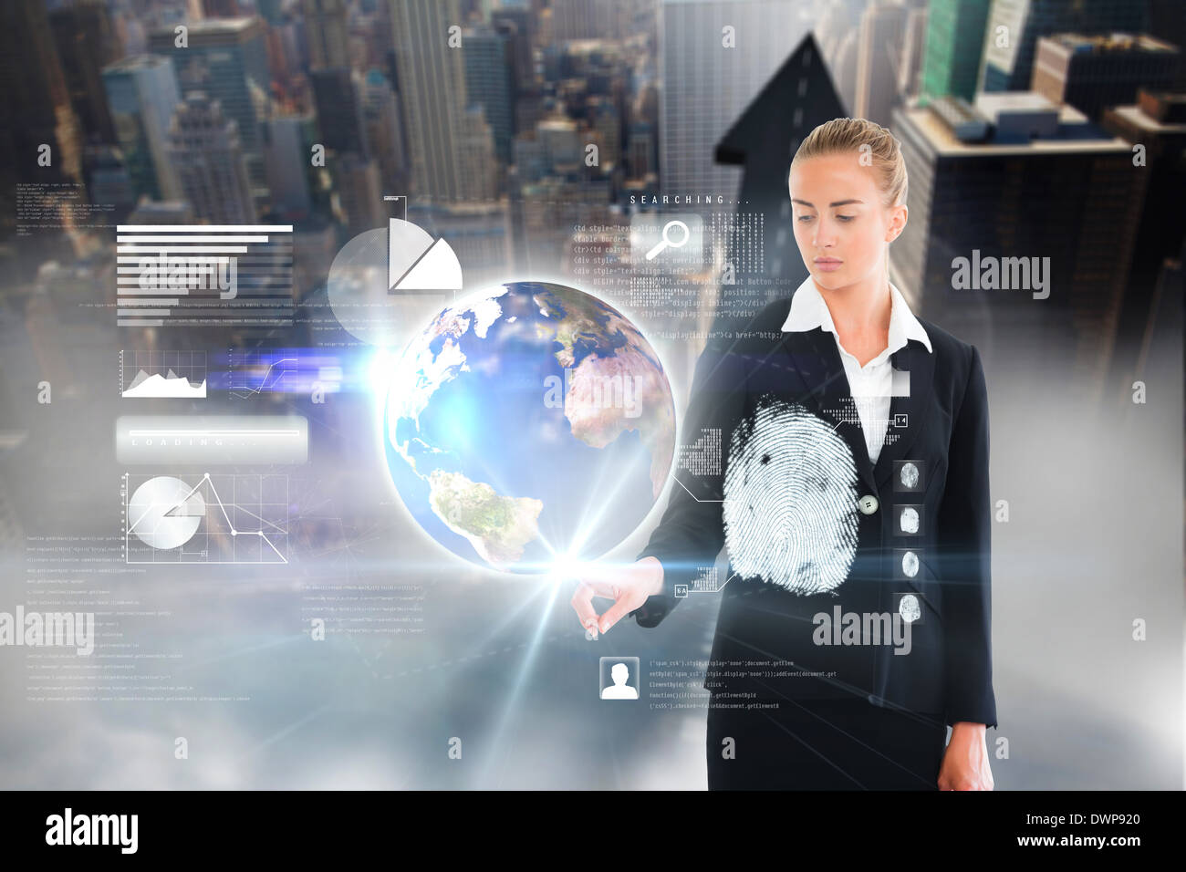 Blonde businesswoman touching earth interface Stock Photo