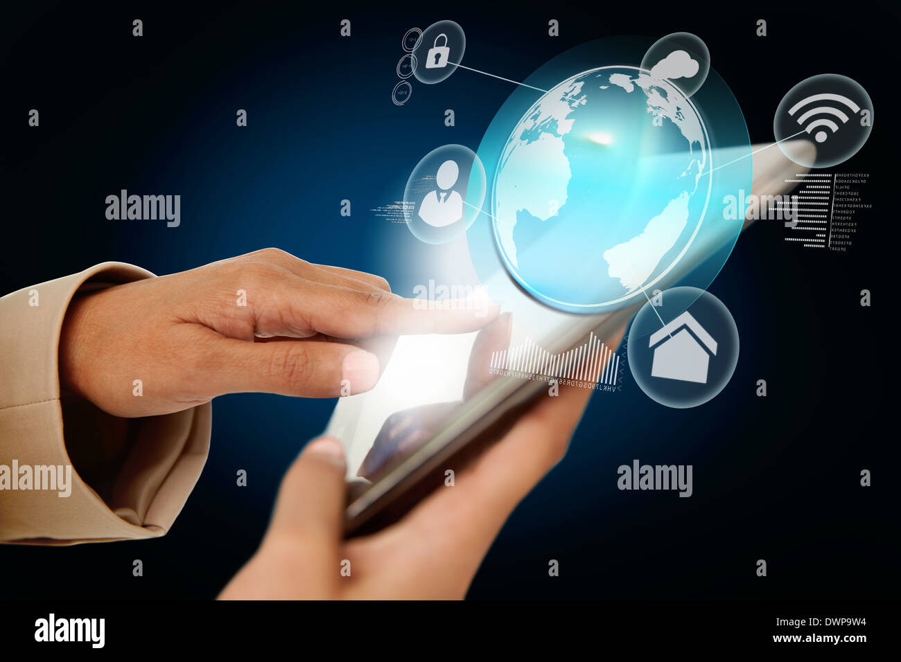 Businesswoman touching tablet with interface and earth Stock Photo