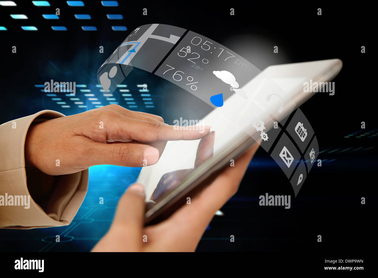 Businesswoman touching tablet with app interface Stock Photo
