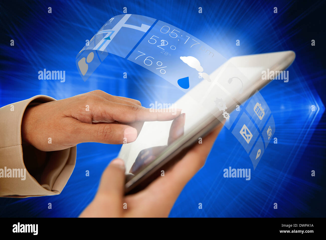 Businesswoman touching tablet with app interface Stock Photo