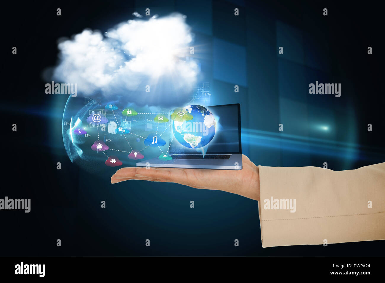 Hand presenting cloud and app icons with laptop Stock Photo