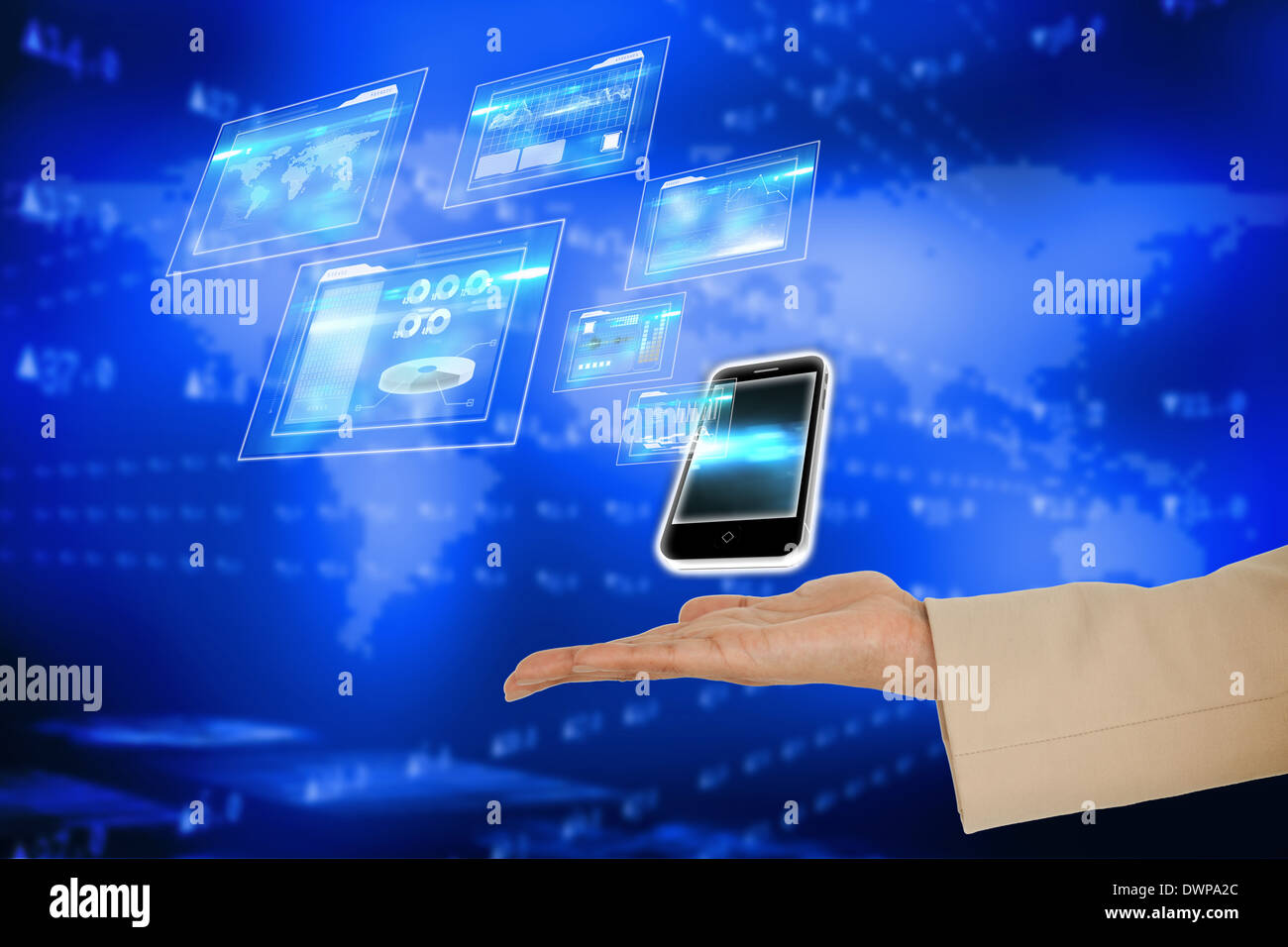 Hand presenting smartphone and interfaces Stock Photo