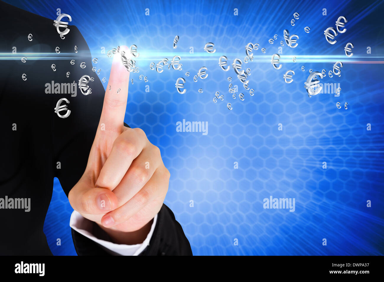 Finger pointing to euro signs Stock Photo