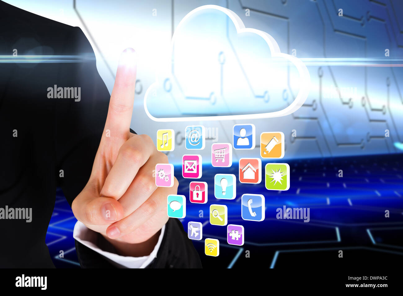 Finger pointing to cloud with app icons Stock Photo