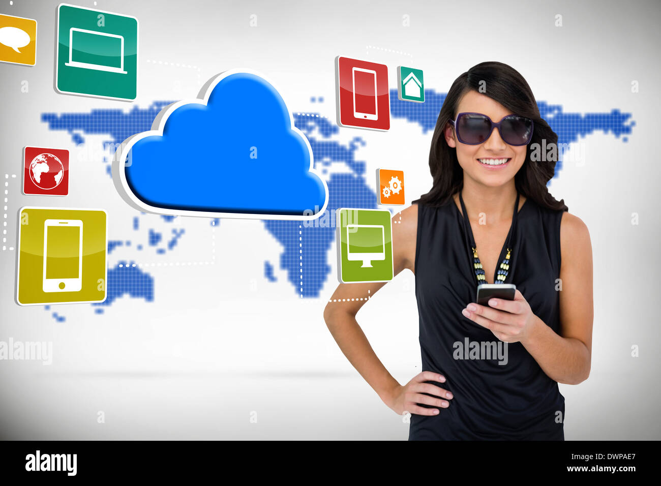 Glamorous brunette using smartphone with cloud and icons Stock Photo