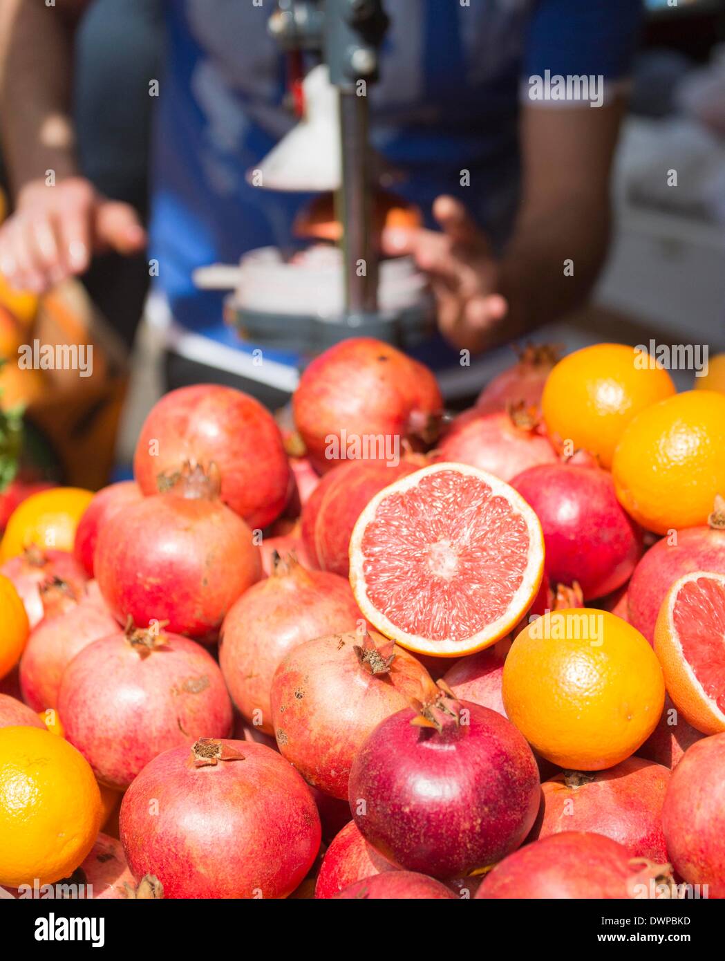 pomgrenades and oranges piled on Carmel market, Pictured 21.02.2014 Stock Photo