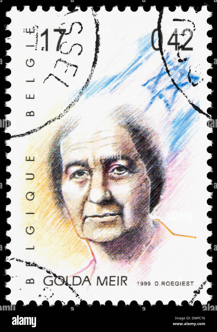 Belgium postage stamp with an illustration of Golda Meir. Stock Photo
