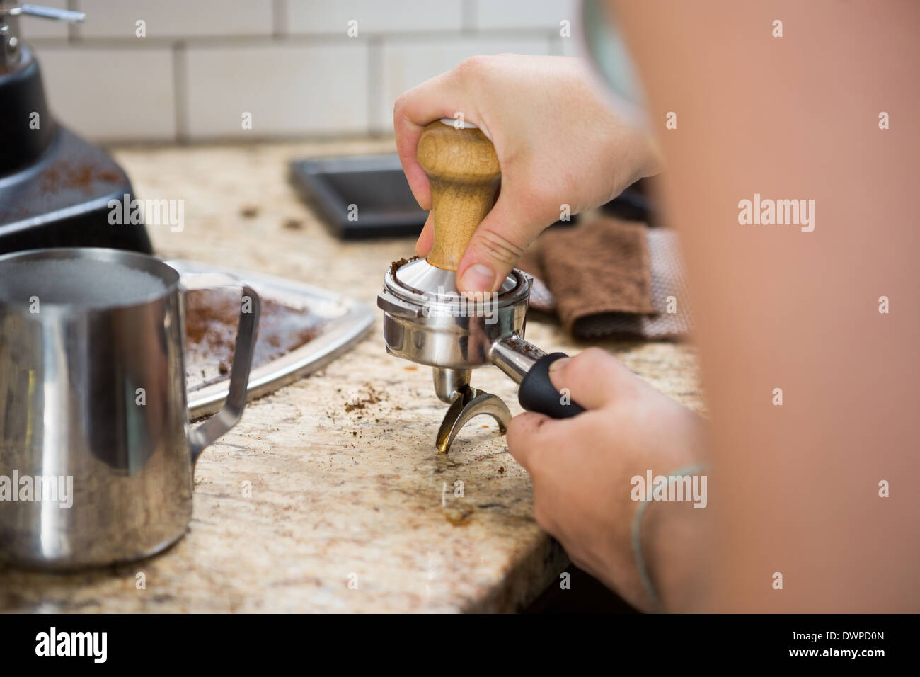 Barista Tamping Espresso Stock Photo Alamy