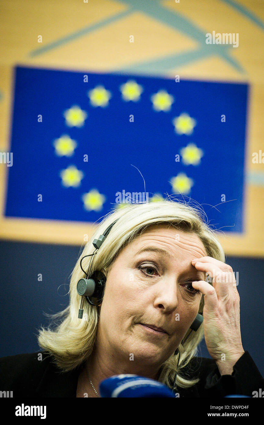 Strasbourg, Bxl, France. 12th Mar, 2014. Member of European Parliament (MEP) European Alliance for Freedom (EAF) co-president and Leader of the French right-wing party Front National (FN), Marine Le Pen holds press conference on European Elections at European Parliament headquarters in Strasbourg, France on 12.03.2014 Credit:  Wiktor Dabkowski/ZUMAPRESS.com/Alamy Live News Stock Photo