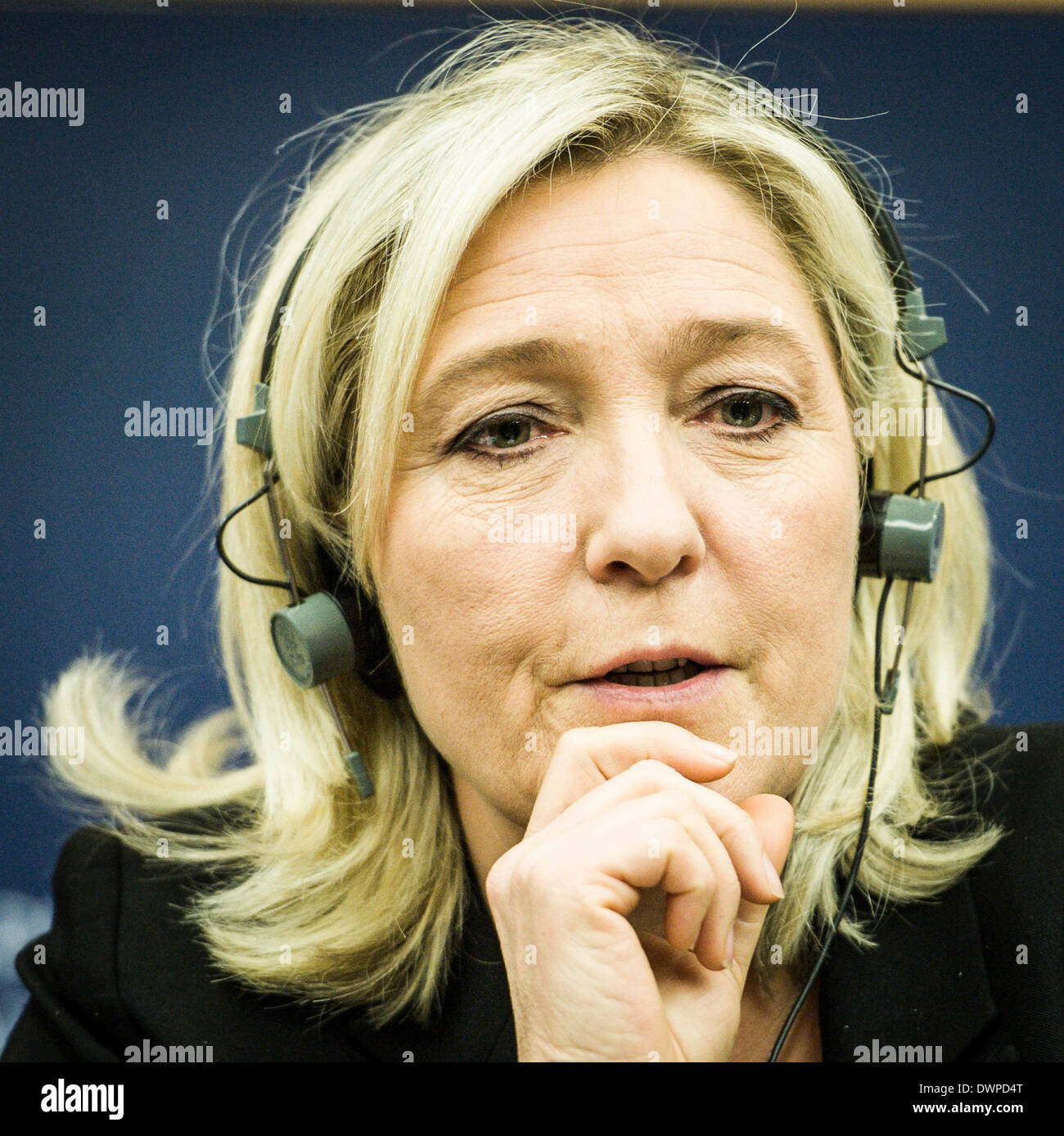 Strasbourg, Bxl, France. 12th Mar, 2014. Member of European Parliament (MEP) European Alliance for Freedom (EAF) co-president and Leader of the French right-wing party Front National (FN), Marine Le Pen holds press conference on European Elections at European Parliament headquarters in Strasbourg, France on 12.03.2014 Credit:  Wiktor Dabkowski/ZUMAPRESS.com/Alamy Live News Stock Photo