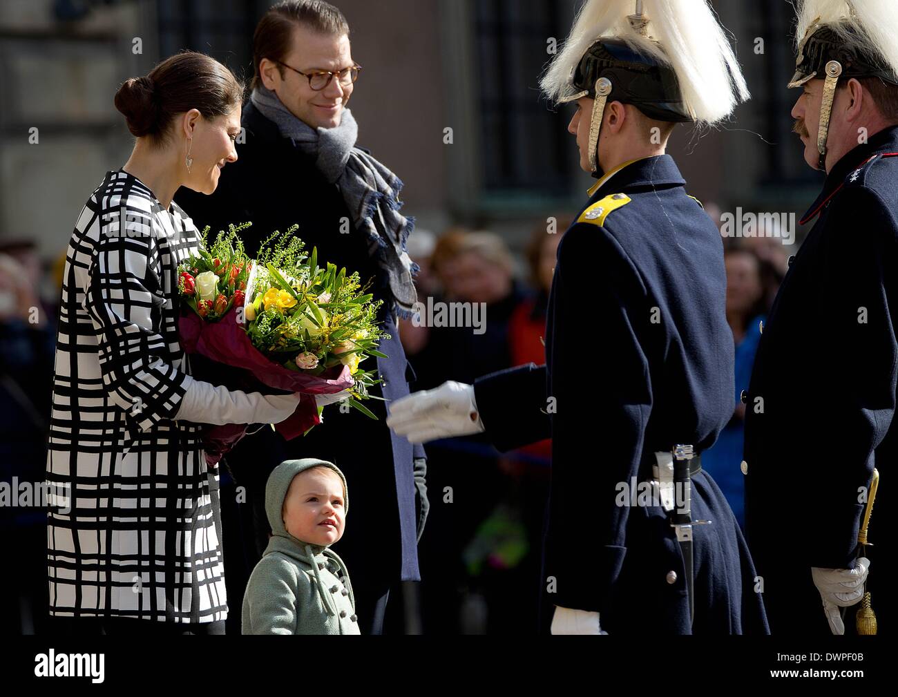 Princess Victoria celebrates her saint's day with Prince Daniel Westling and Princess Estelle at the Royal Palace Square in Stockholm. Photo: RPE/ Albert Nieboer - Stock Photo