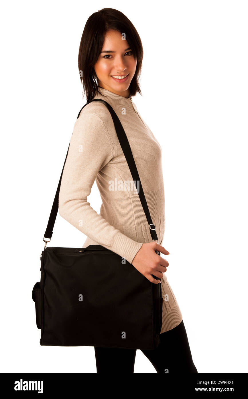 Attractive asian caucasian woman student with briefcase isolated over white background Stock Photo