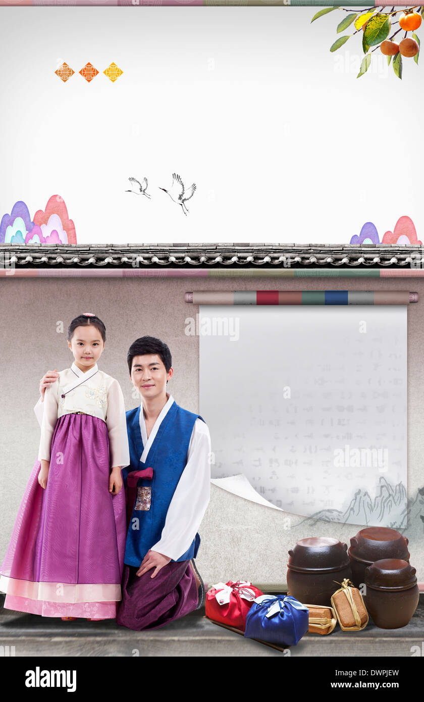 illustration memo template with father and daughter in Chuseok Stock Photo