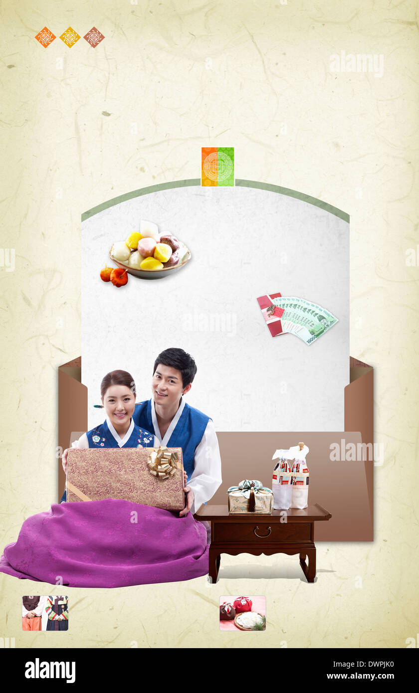 illustration memo template with a couple in Chuseok Stock Photo