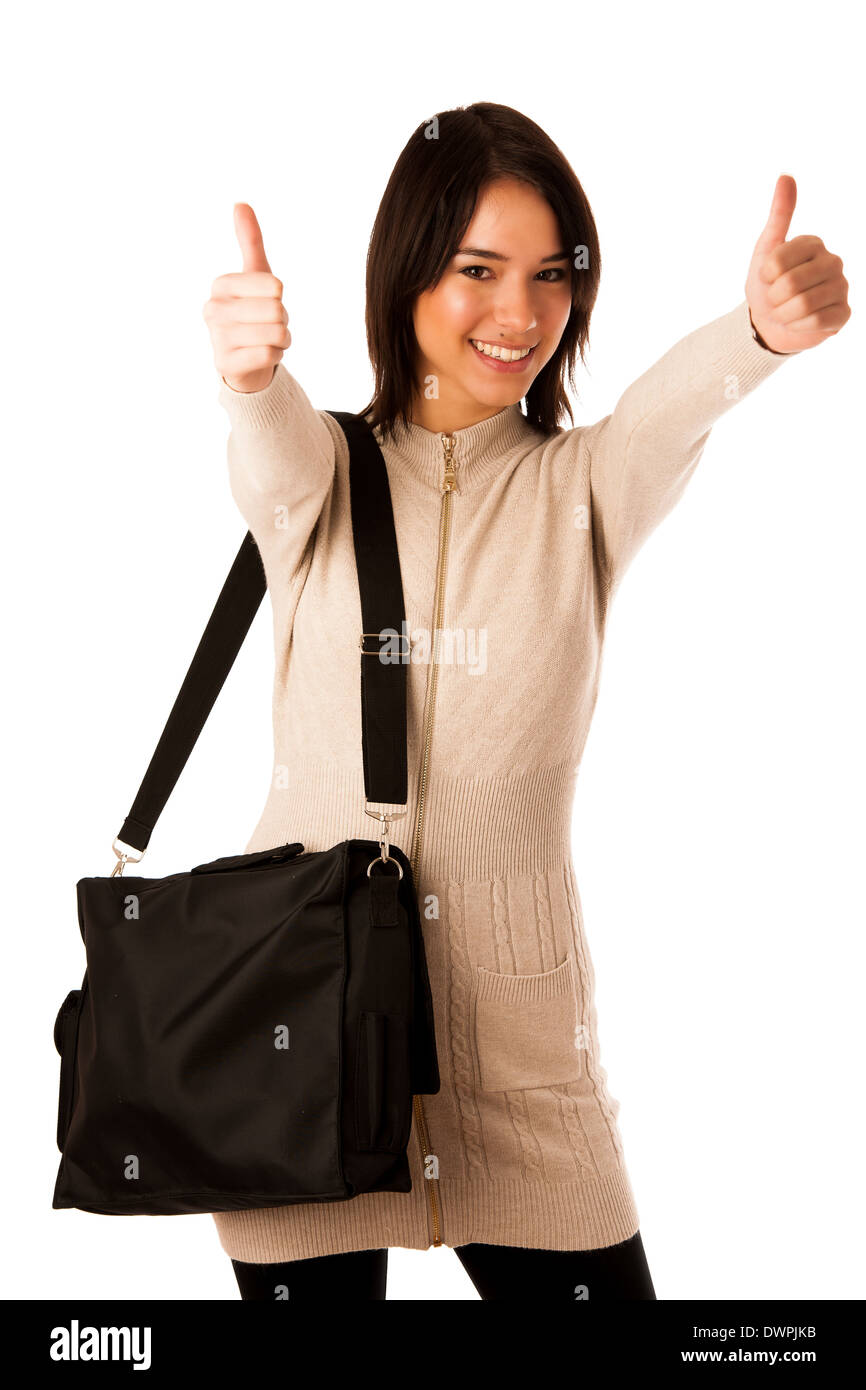 Attractive asian caucasian woman student with briefcase showing thumb up isolated over white background Stock Photo