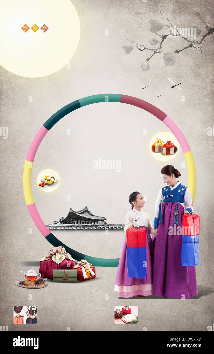 illustration memo template with mother and daughter in Chuseok Stock Photo