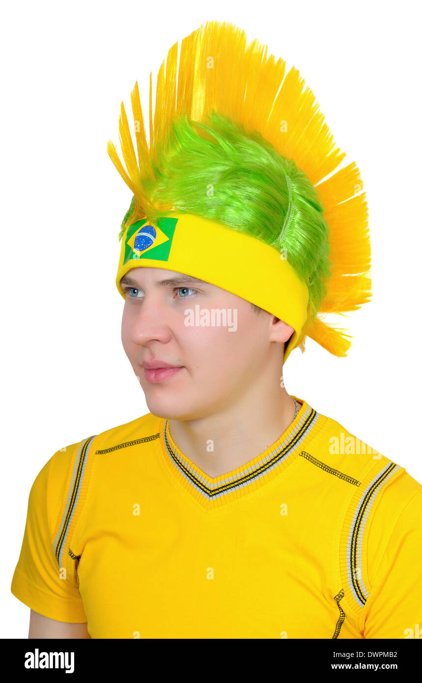 Portrait of a fan of Brazilian national football team at World Cup. Isolated on white background Stock Photo