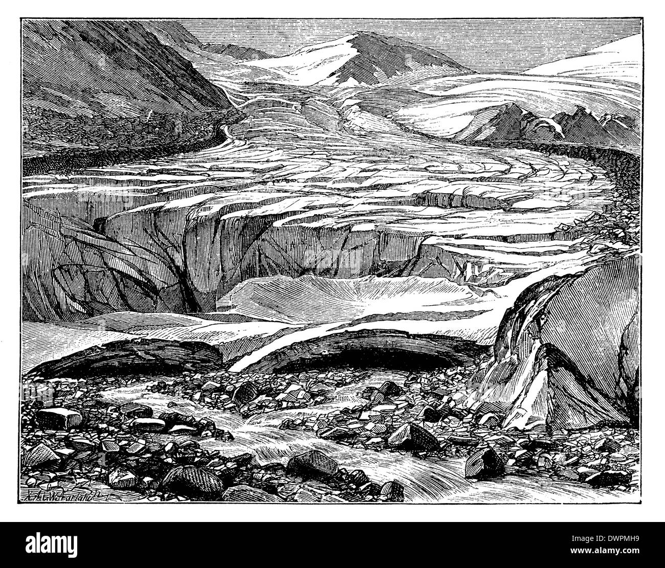 Abtauender Gletscher mit Seiten- und Endmoränen. Aus den Gletschertoren strömen die Gletscherbäche Stock Photo