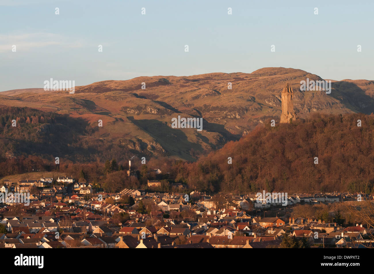 View of Bridge of Allan viewed from the grave yard near Stirling Castle. The Wallace monument