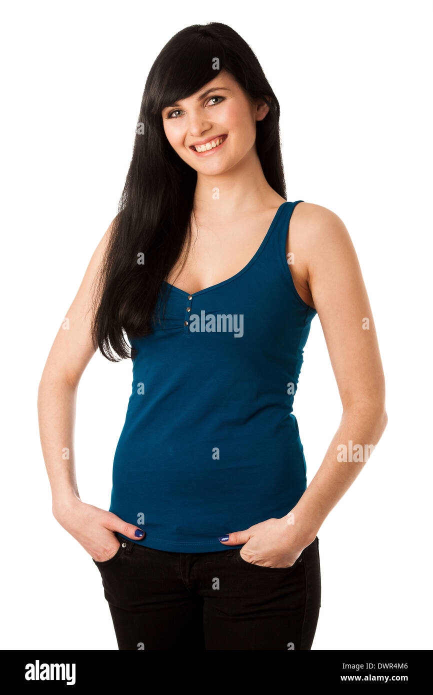 Portrait of beautiful young woman in blue tshirt Stock Photo