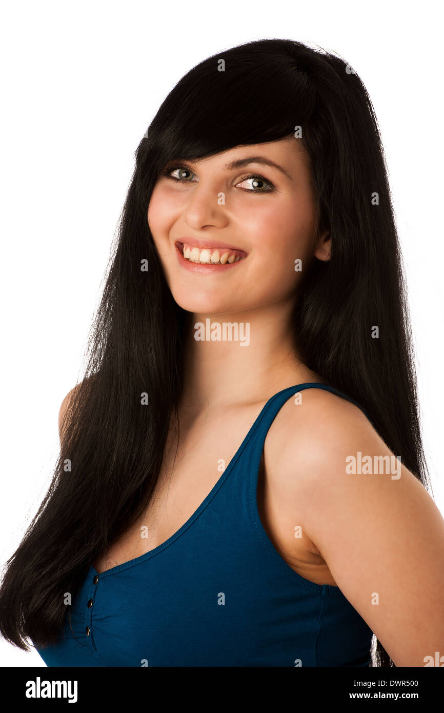 Portrait of beautiful young woman in blue tshirt Stock Photo