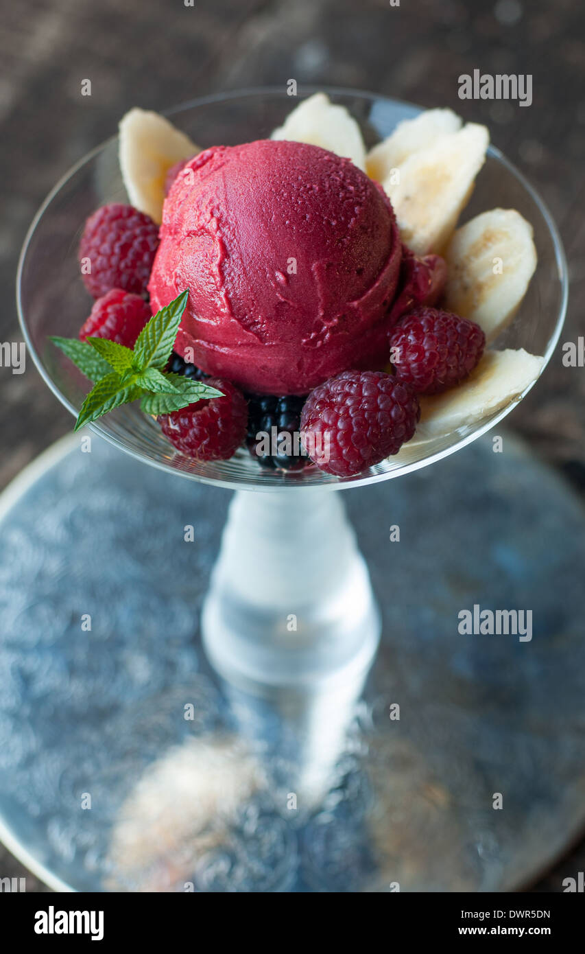 Frozen fruit dessert with fresh fruit garnish Stock Photo Alamy