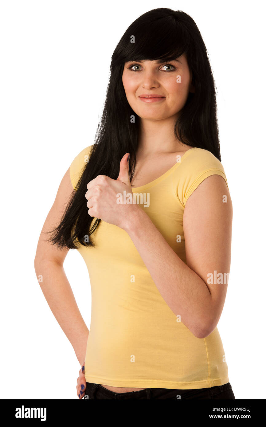 Attractive young woman showing ok sign with thumb up Stock Photo