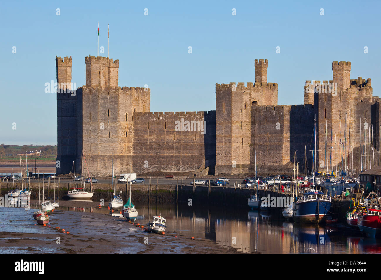 Caernarfon Castle in the town of Caernarfon in Gwynedd on the north coast of Wales in the United Kingdom Stock Photo