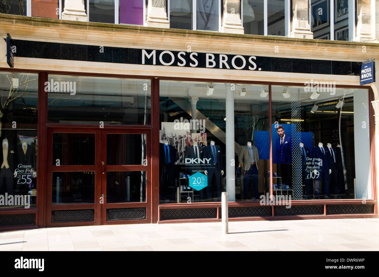 Moss Bros shop, The Hayes, Cardiff, Wales. Stock Photo