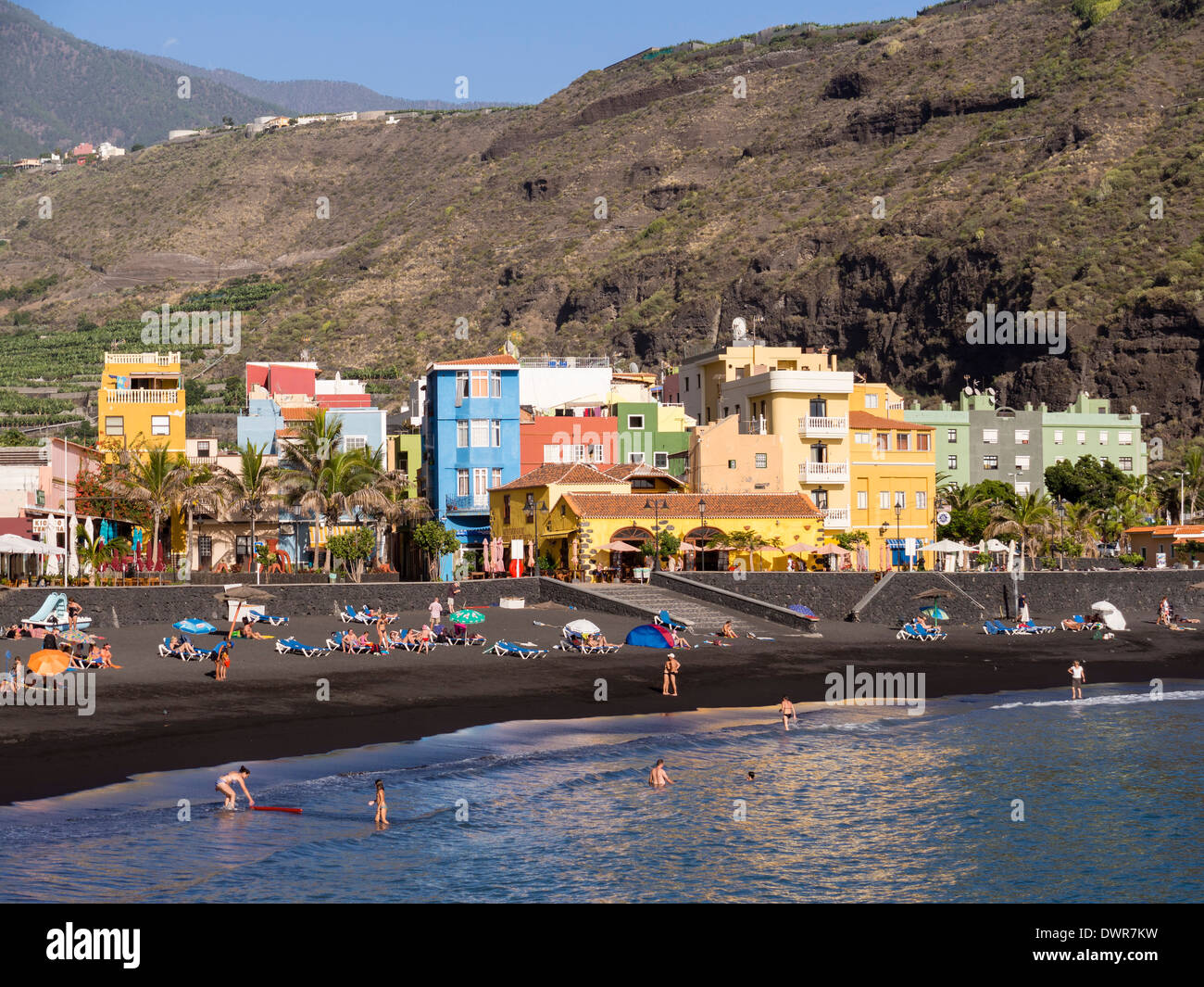 The black beach of Puerto de Tazacorte on the Canary Island of La Palma. Stock Photo