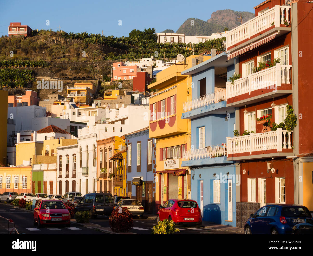 Facades in the town of Tazacorte on the Canary Island of La Palma. Stock Photo