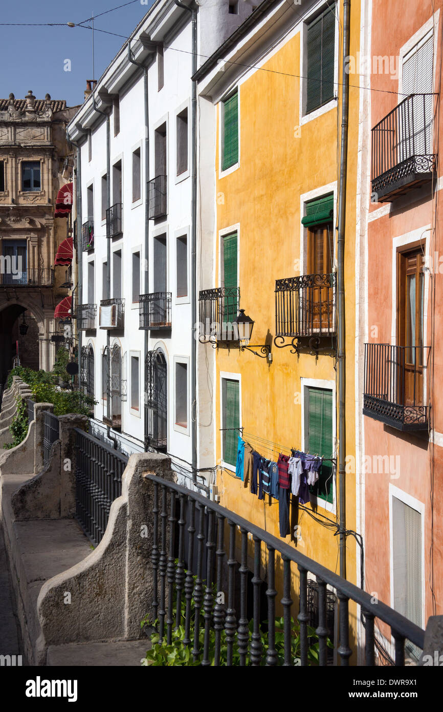 Colorful buildings in Plaza Major in the city of Cuenca in the La Mancha region of central Spain. Stock Photo
