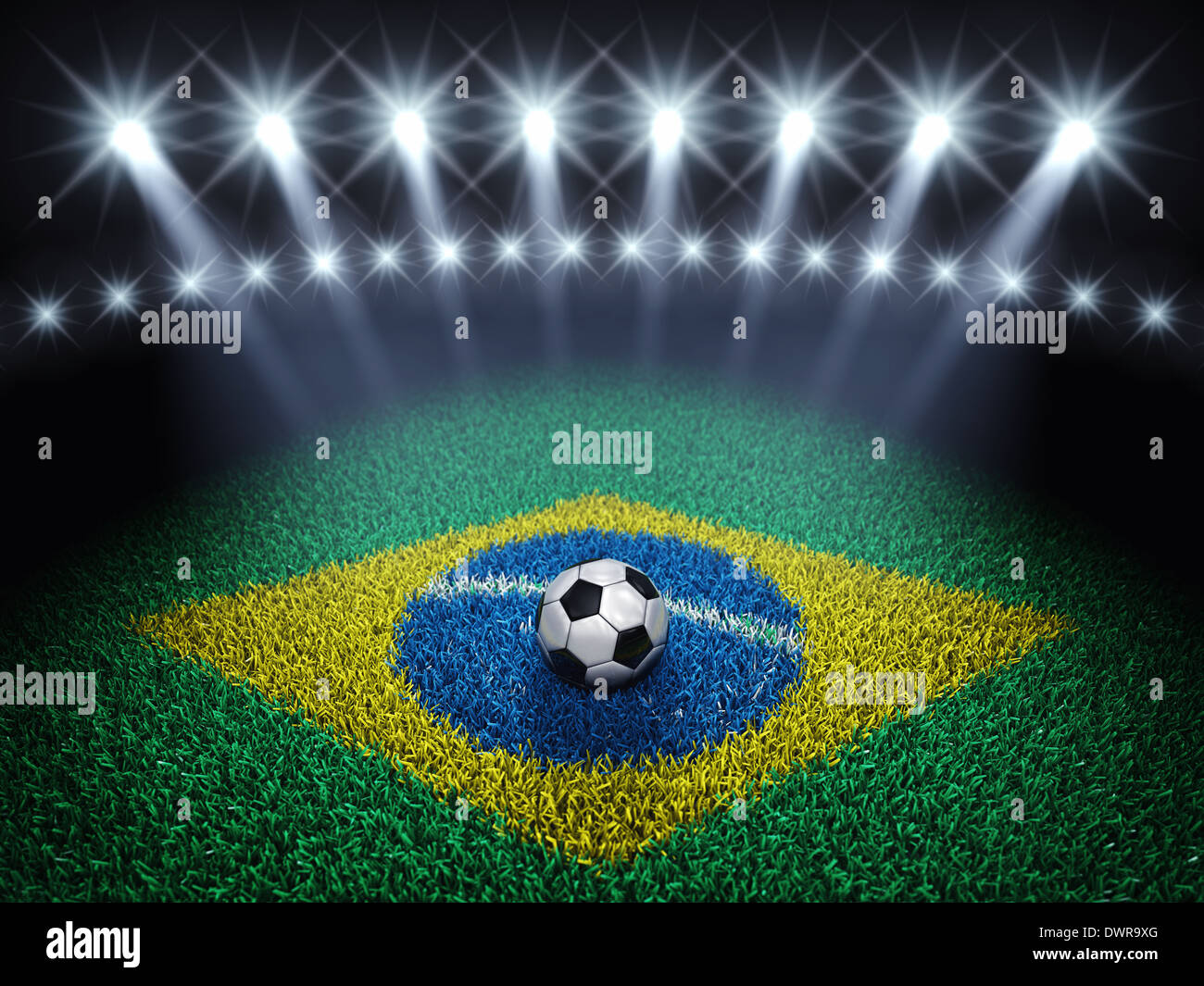 Soccer arena and ball with floodlights , Football pitch with brazilian flag Stock Photo