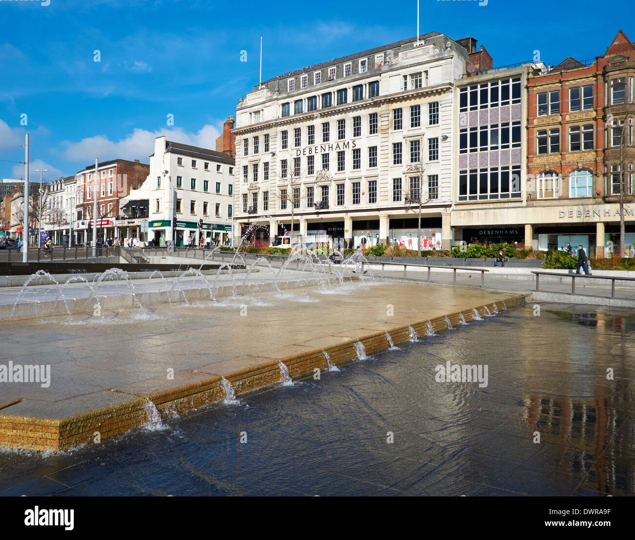 Nottingham England uk. Fountains water feature in the old market square with Debenhams in the background Stock Photo
