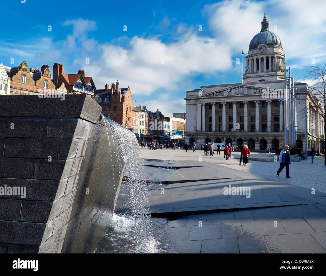 Nottingham England uk. Water feature in the old market square with the council house in the background Stock Photo