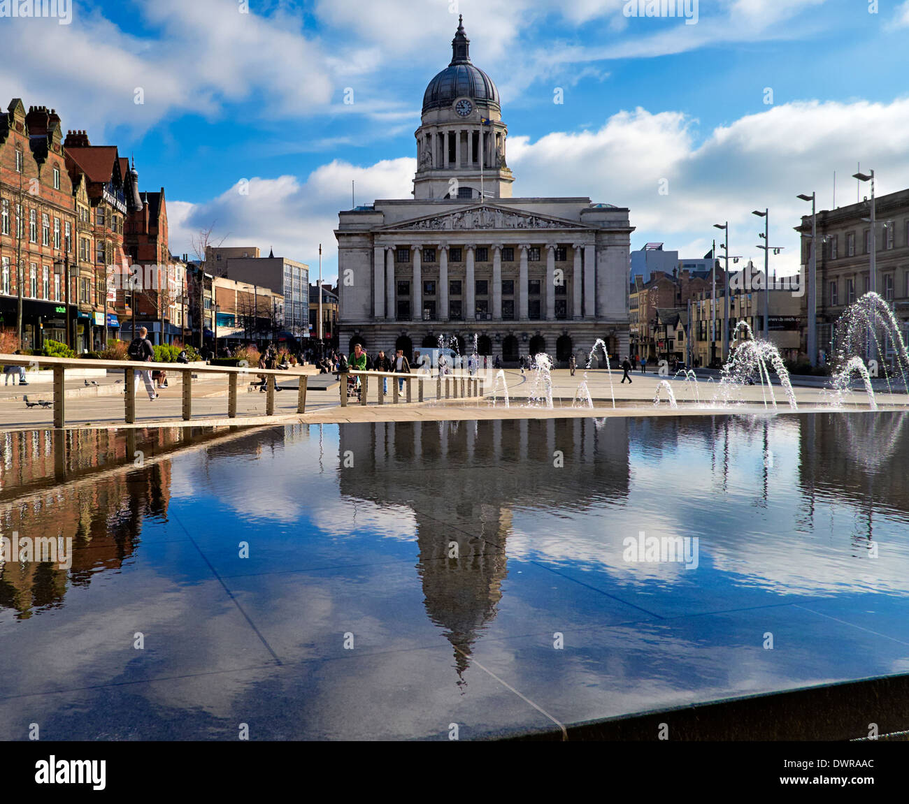 Nottingham England uk. Fountain Water feature in the old market square with the council house in the background. Stock Photo