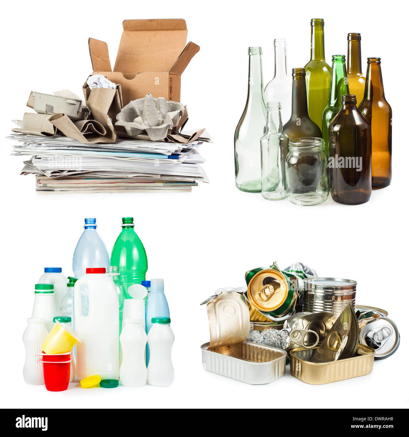 A selection of garbage for recycling. Segregated metal, plastic, paper and glass on white background Stock Photo