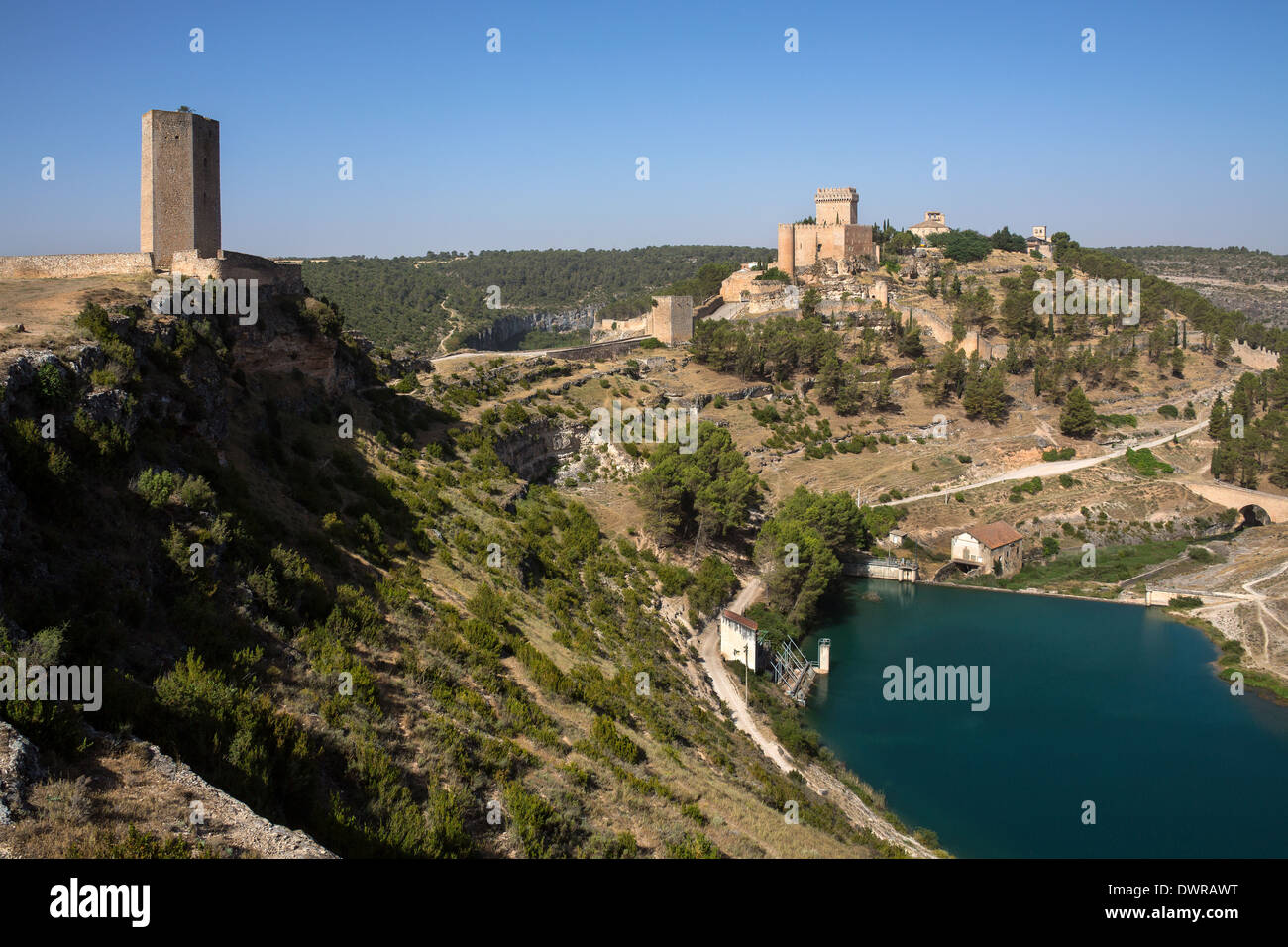 The castles and fortress of the medieval town of Alacon in the La Mancha region of central Spain. Stock Photo