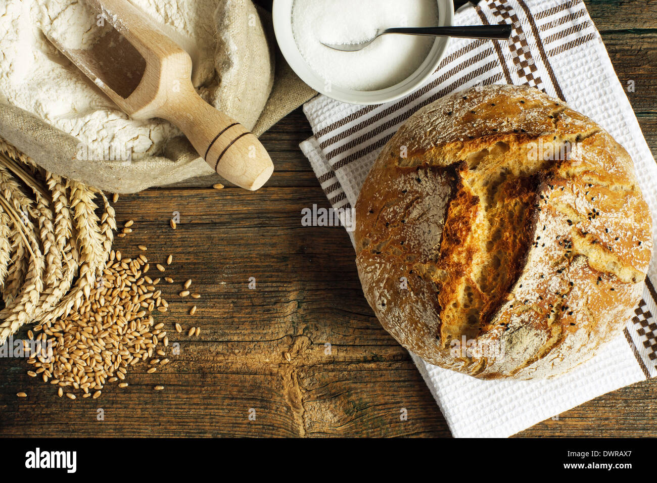 Home made bread on wooden table Stock Photo
