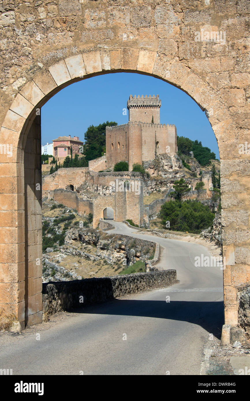 The fortress of the medieval town of Alacon in the La Mancha region of central Spain. Stock Photo